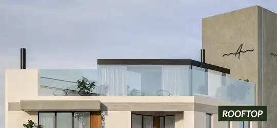 Área de rooftop com piscina e vista panorâmica