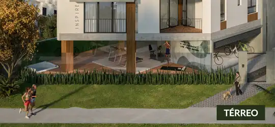 Área comum térrea com jardins e lounge